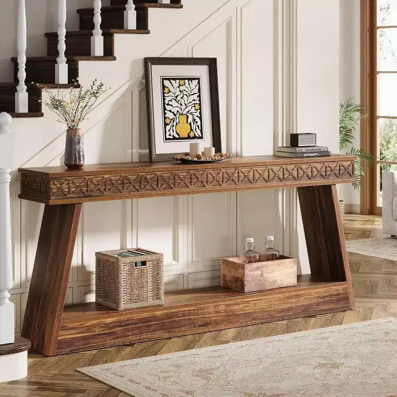 Mesa consola de granja de 2 niveles, mesa de entrada extralarga de 70.87 con almacenamiento