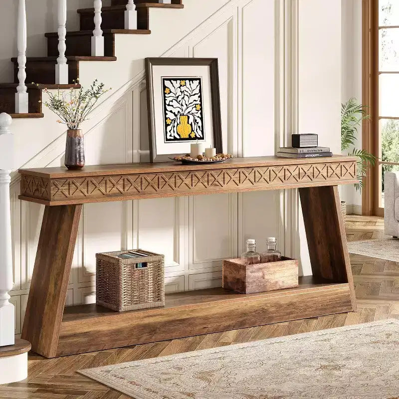 Mesa consola de granja de 2 niveles, mesa de entrada extralarga de 70.87 con almacenamiento