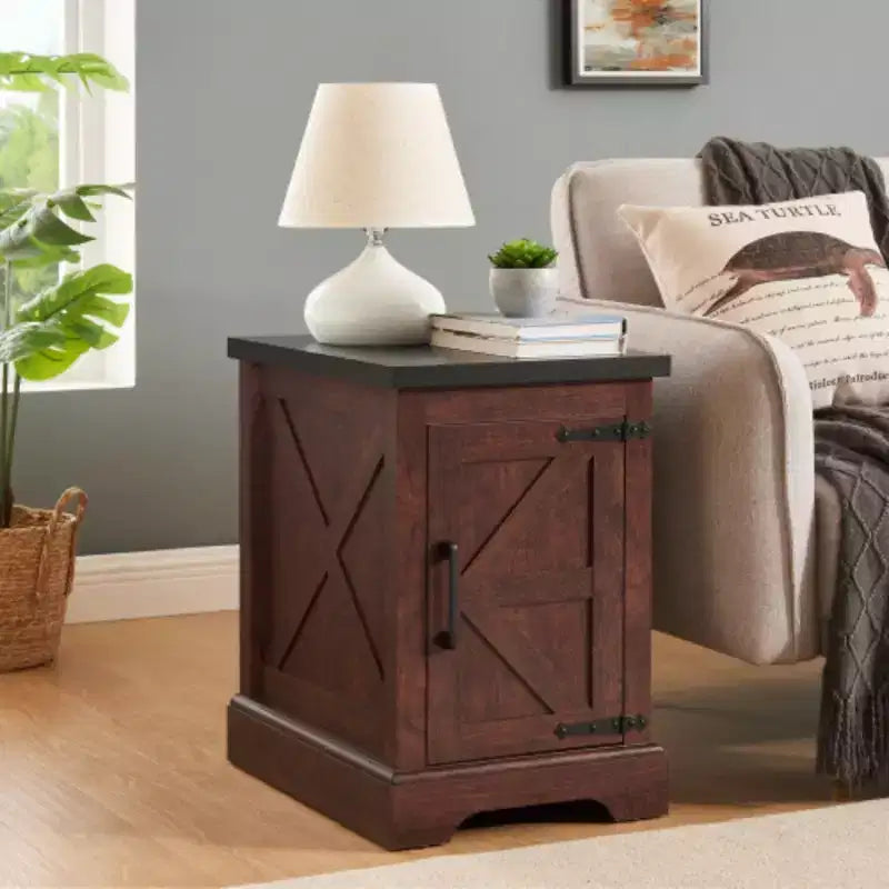 Mesa auxiliar de granja Mesita de noche Mesa auxiliar rectangular de granja con puerta de granero y estante de almacenamiento ajustable