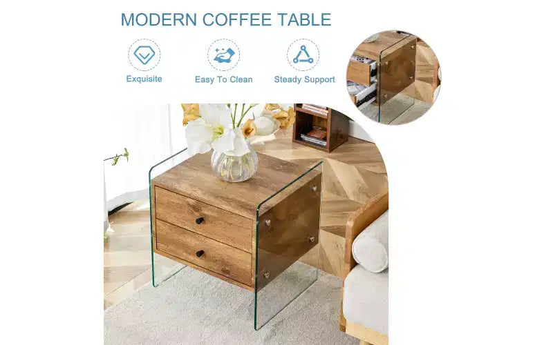 Mesita de noche de cristal de 19" con cajón de madera