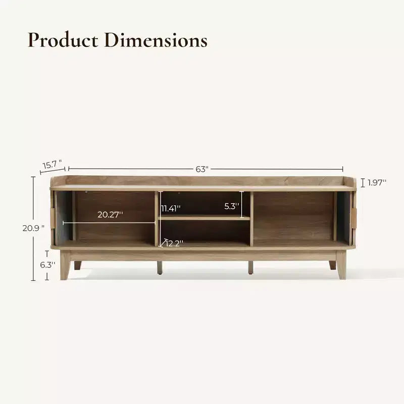 Mueble de TV de mediados de siglo de 63" con almacenamiento, para televisores de hasta 65", consola multimedia marrón con puertas correderas, roble marrón