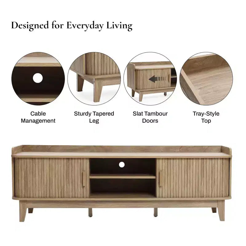 Mueble de TV de mediados de siglo de 63" con almacenamiento, para televisores de hasta 65", consola multimedia marrón con puertas correderas, roble marrón