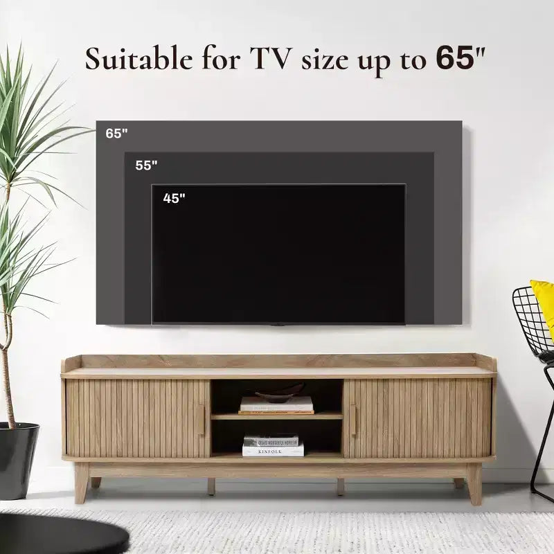 Mueble de TV de mediados de siglo de 63" con almacenamiento, para televisores de hasta 65", consola multimedia marrón con puertas correderas, roble marrón