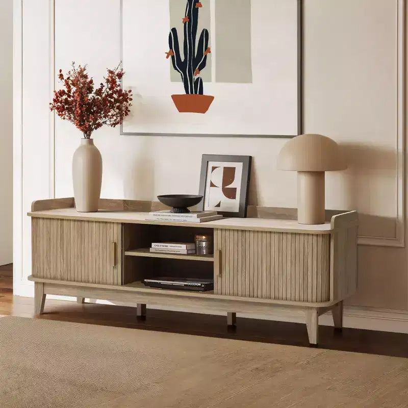 Mueble de TV de mediados de siglo de 63" con almacenamiento, para televisores de hasta 65", consola multimedia marrón con puertas correderas, roble marrón