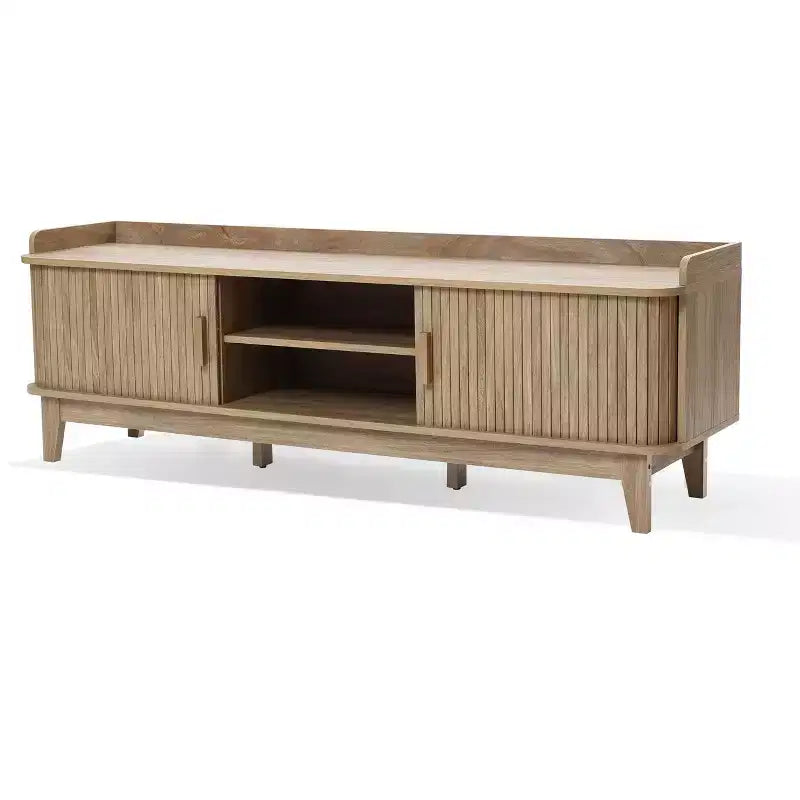 Mueble de TV de mediados de siglo de 63" con almacenamiento, para televisores de hasta 65", consola multimedia marrón con puertas correderas, roble marrón