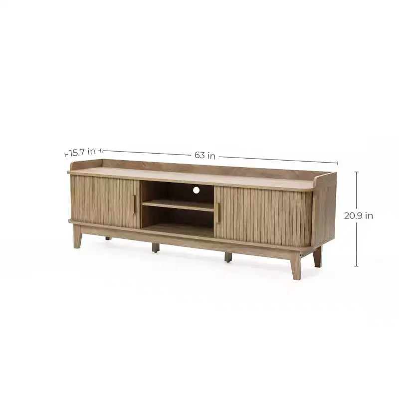 Mueble de TV de mediados de siglo de 63" con almacenamiento, para televisores de hasta 65", consola multimedia marrón con puertas correderas, roble marrón