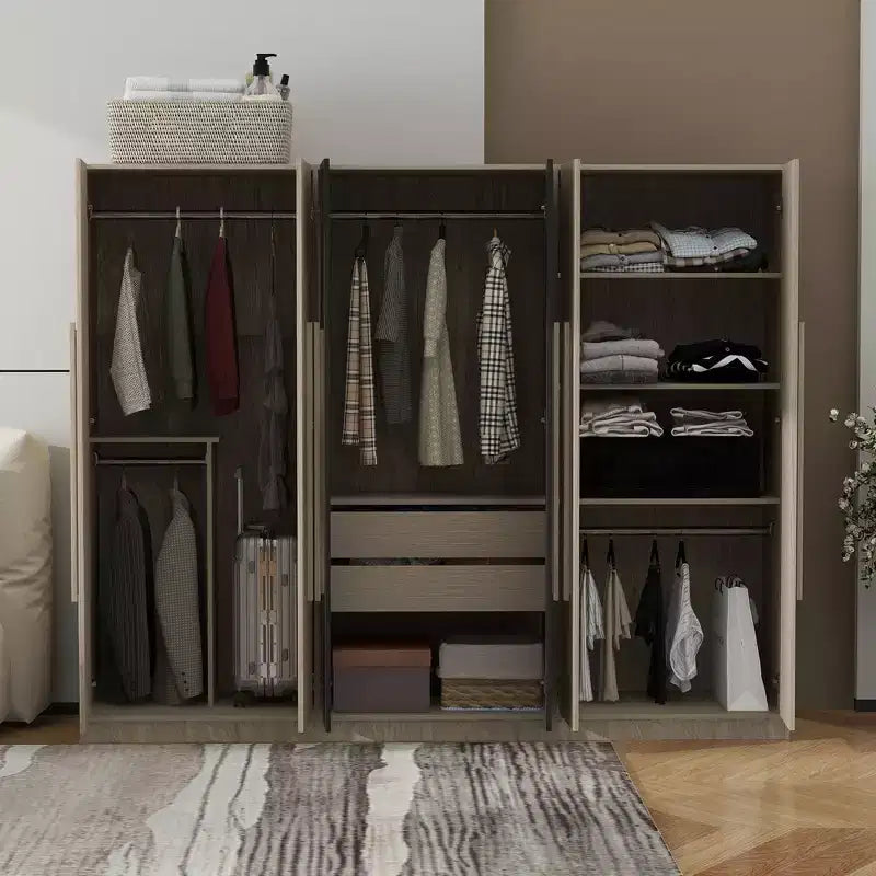 Armario de 6 puertas de 83W, Armario de ropa con 2 cajones, rieles para colgar y estantes de almacenamiento, Negro+Natural