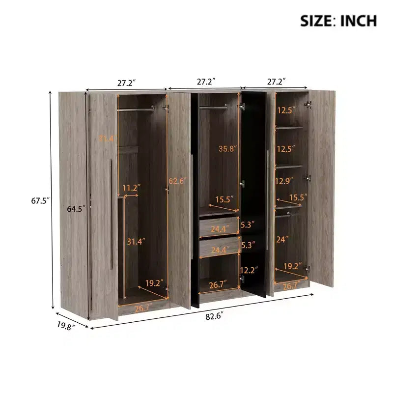 Armario de 6 puertas de 83W, Armario de ropa con 2 cajones, rieles para colgar y estantes de almacenamiento, Negro+Natural