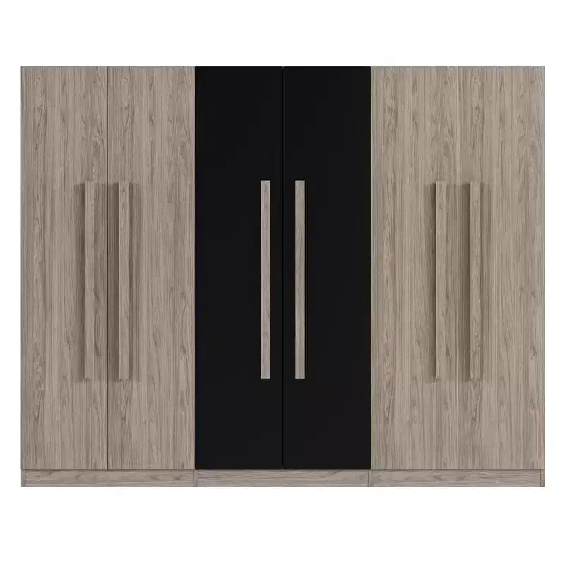 Armario de 6 puertas de 83W, Armario de ropa con 2 cajones, rieles para colgar y estantes de almacenamiento, Negro+Natural