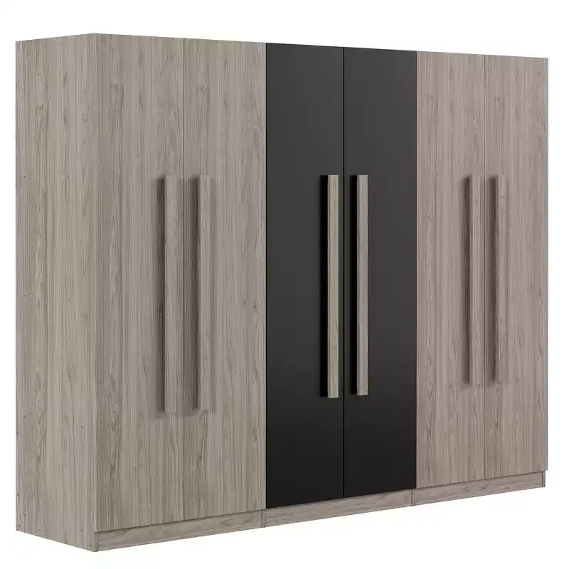 Armario de 6 puertas de 83W, Armario de ropa con 2 cajones, rieles para colgar y estantes de almacenamiento, Negro+Natural