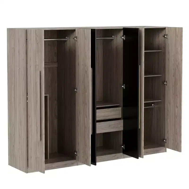 Armario de 6 puertas de 83W, Armario de ropa con 2 cajones, rieles para colgar y estantes de almacenamiento, Negro+Natural