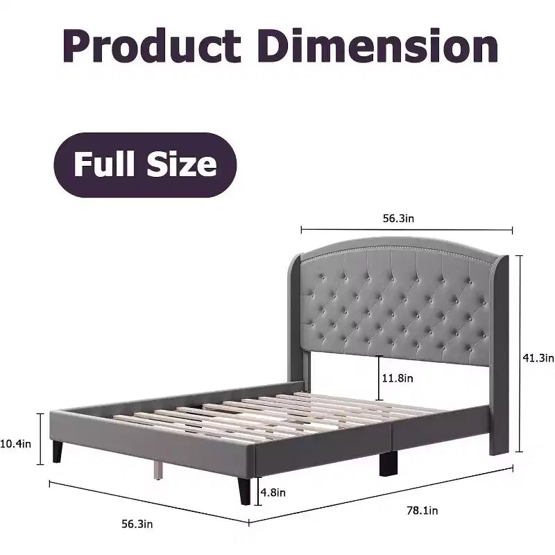 Base de cama tapizada con plataforma, cabecero con alas, terciopelo suave y diseño capitoné, soporte de listones de madera, fácil montaje