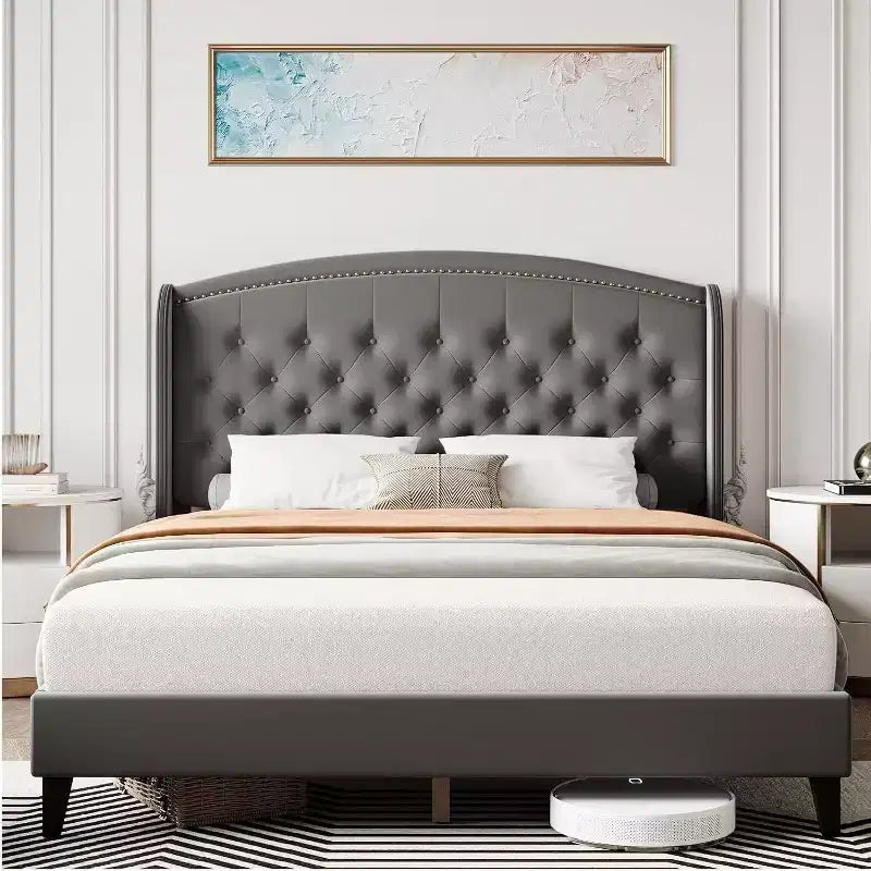 Base de cama tapizada con plataforma, cabecero con alas, terciopelo suave y diseño capitoné, soporte de listones de madera, fácil montaje