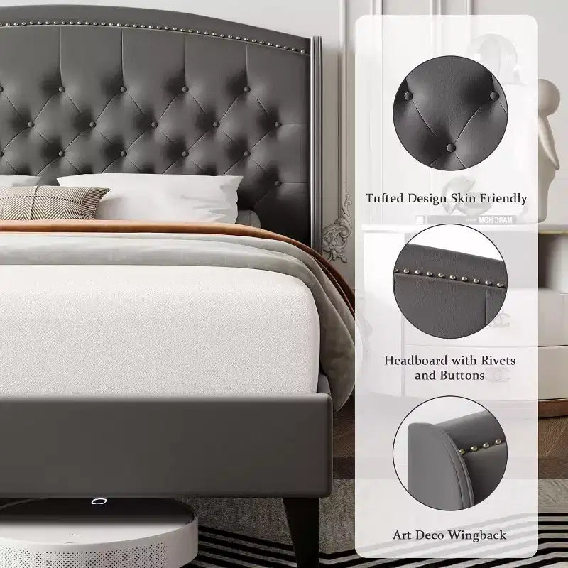 Base de cama tapizada con plataforma, cabecero con alas, terciopelo suave y diseño capitoné, soporte de listones de madera, fácil montaje