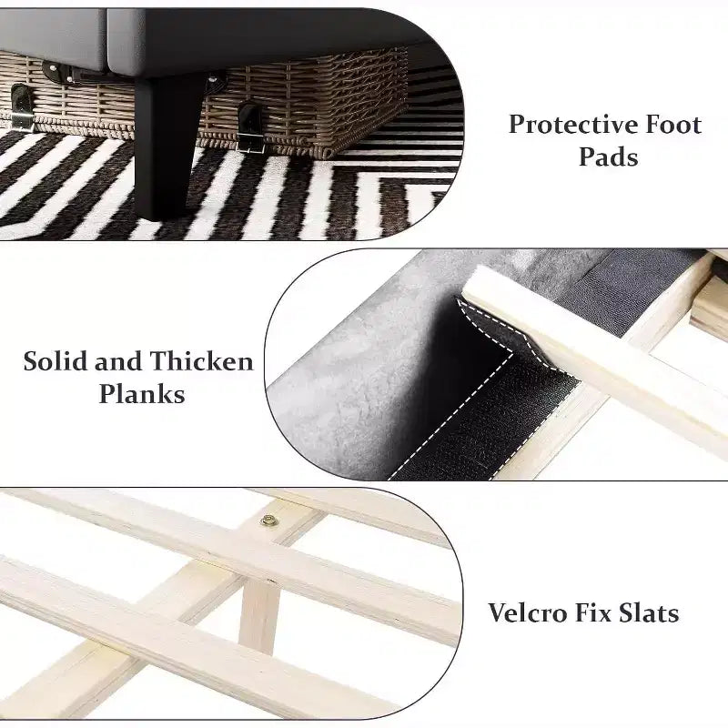 Base de cama tapizada con plataforma, cabecero con alas, terciopelo suave y diseño capitoné, soporte de listones de madera, fácil montaje