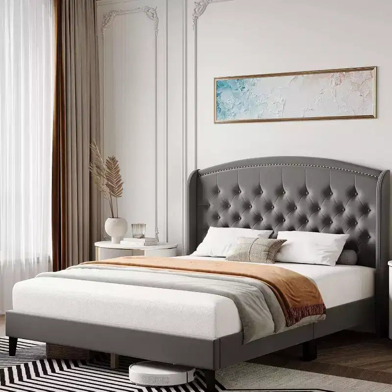 Base de cama tapizada con plataforma, cabecero con alas, terciopelo suave y diseño capitoné, soporte de listones de madera, fácil montaje