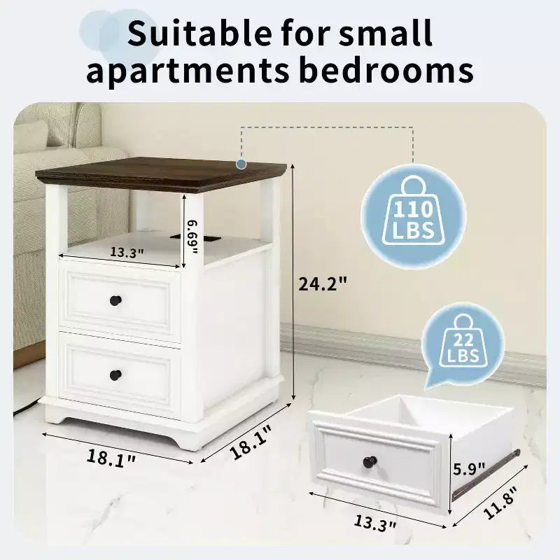 Mesita de Noche de 18" Blanca con Estación de Carga, Mesa Auxiliar de Madera Rústica, Mesa Alta para Dormitorio