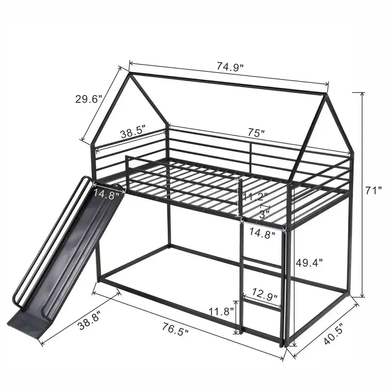 Litera doble sobre doble de metal con diseño de casa, escalera incorporada, altura baja, barandilla de seguridad para niños y adolescentes.