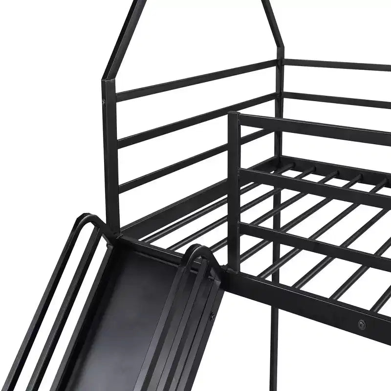 Litera doble sobre doble de metal con diseño de casa, escalera incorporada, altura baja, barandilla de seguridad para niños y adolescentes.
