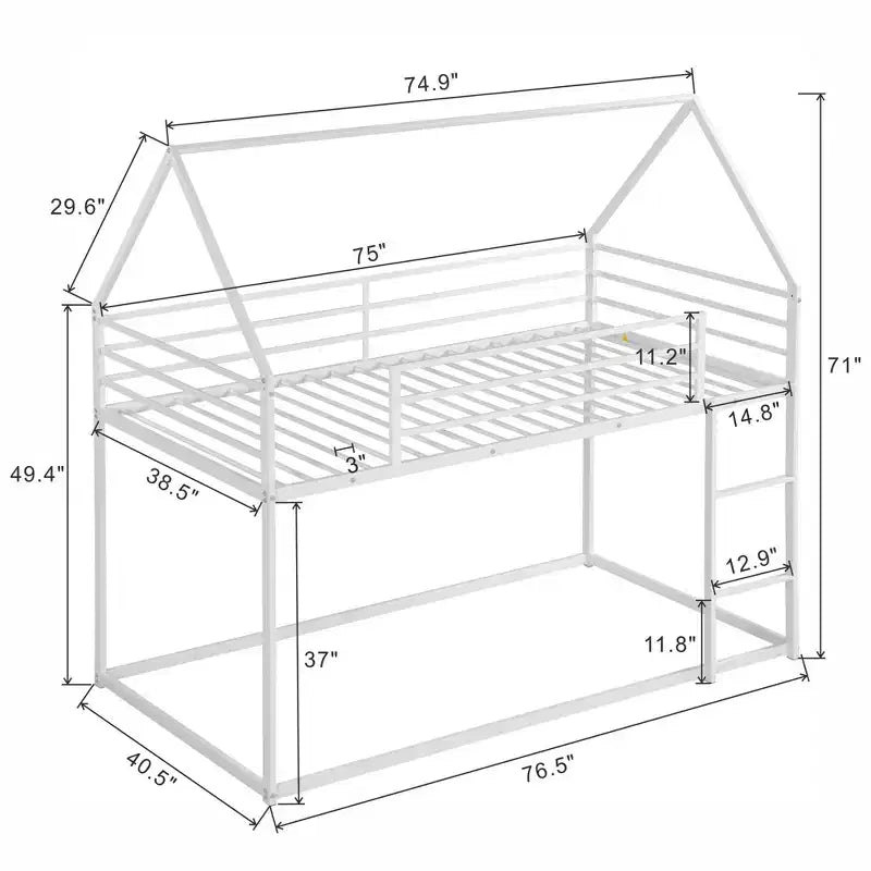 Litera doble sobre doble de metal con diseño de casa, escalera incorporada, altura baja, barandilla de seguridad para niños y adolescentes.