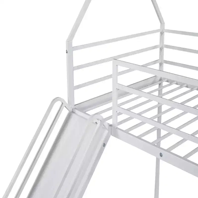 Litera doble sobre doble de metal con diseño de casa, escalera incorporada, altura baja, barandilla de seguridad para niños y adolescentes.