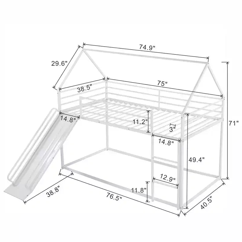 Litera doble sobre doble de metal con diseño de casa, escalera incorporada, altura baja, barandilla de seguridad para niños y adolescentes.
