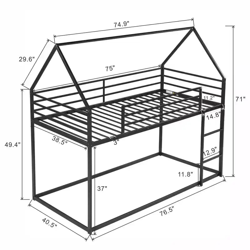 Litera doble sobre doble de metal con diseño de casa, escalera incorporada, altura baja, barandilla de seguridad para niños y adolescentes.