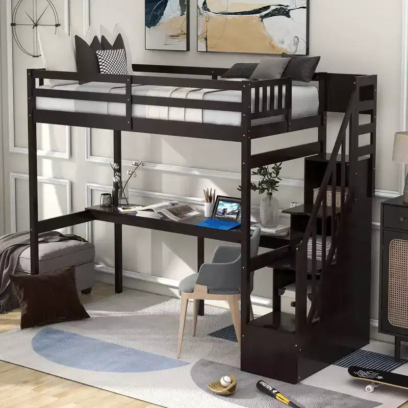 Litera multifunción doble con escritorio incorporado, escalera de almacenamiento, barandilla de seguridad, madera maciza para niños y adolescentes