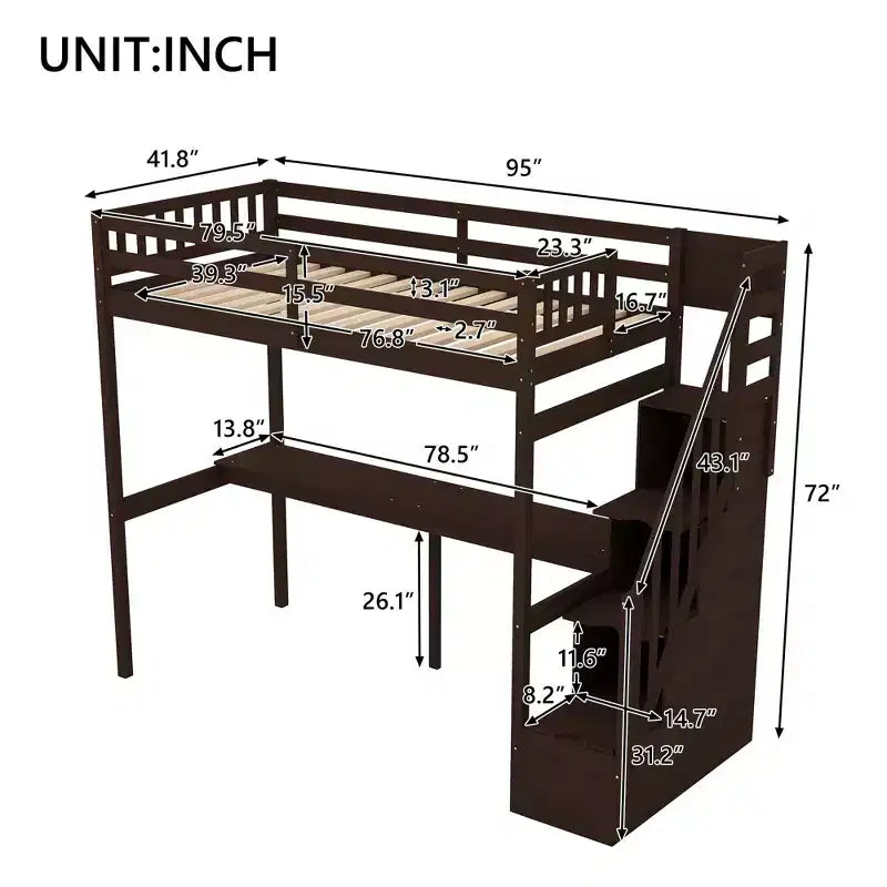 Litera multifunción doble con escritorio incorporado, escalera de almacenamiento, barandilla de seguridad, madera maciza para niños y adolescentes