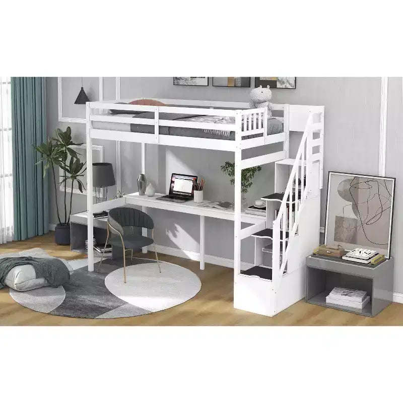 Litera multifunción doble con escritorio incorporado, escalera de almacenamiento, barandilla de seguridad, madera maciza para niños y adolescentes