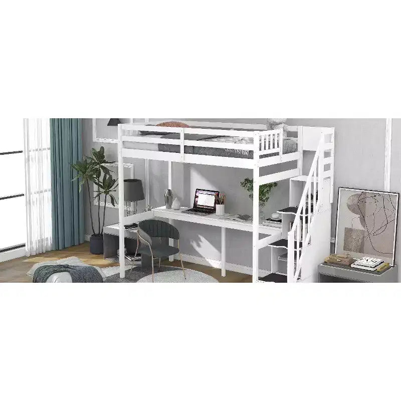 Litera multifunción doble con escritorio incorporado, escalera de almacenamiento, barandilla de seguridad, madera maciza para niños y adolescentes