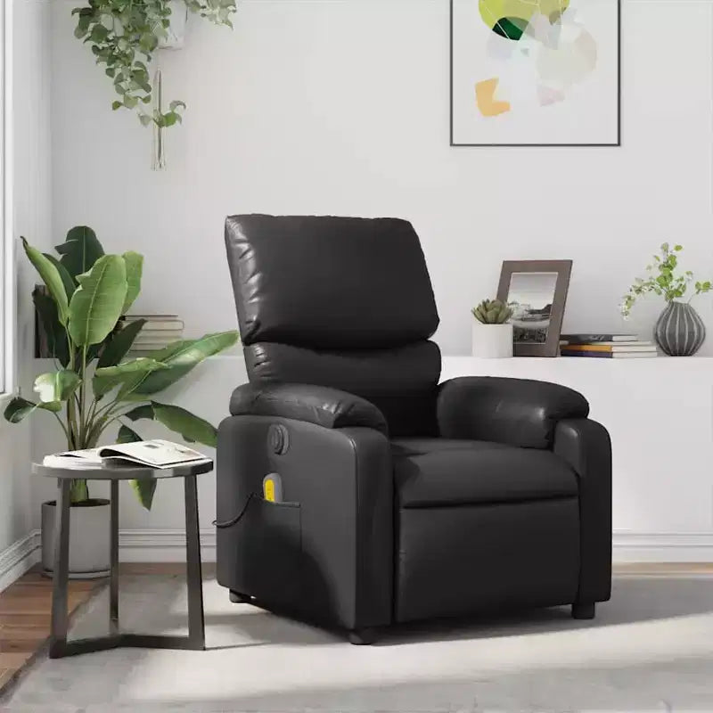 Sillón Reclinable de Masaje de Cuero para Sala de Estar, Cine en Casa, Masaje de Vibración de 6 Puntos, Respaldo y Reposapiés Ajustables, Bolsillo Lateral, Negro