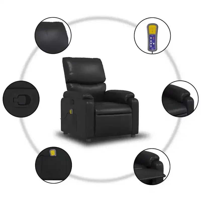 Sillón Reclinable de Masaje de Cuero para Sala de Estar, Cine en Casa, Masaje de Vibración de 6 Puntos, Respaldo y Reposapiés Ajustables, Bolsillo Lateral, Negro
