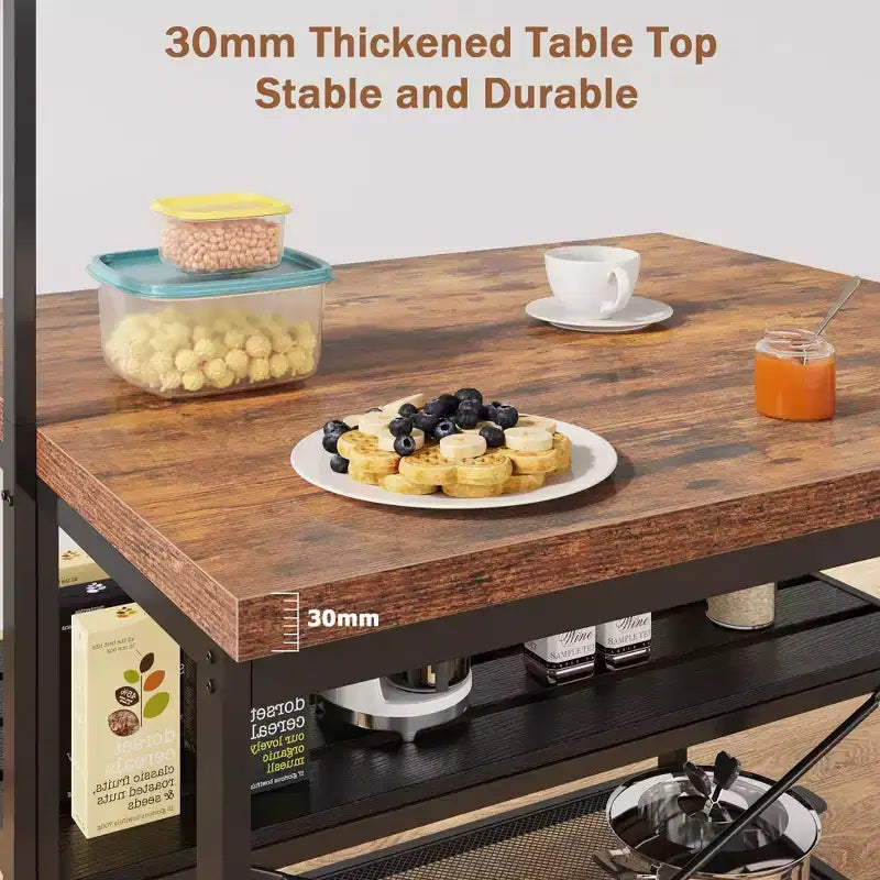 Isla de cocina, mesa de isla de cocina de 3 niveles, estante para microondas estilo rústico con almacenamiento, estante para panadero con estructura metálica para comedor