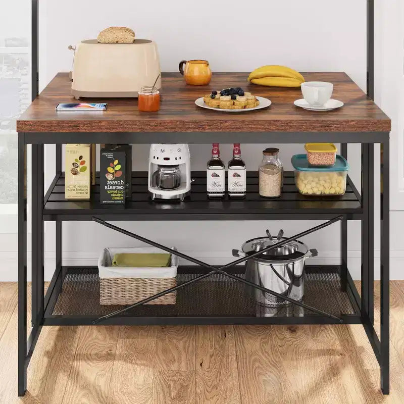 Isla de cocina, mesa de isla de cocina de 3 niveles, estante para microondas estilo rústico con almacenamiento, estante para panadero con estructura metálica para comedor