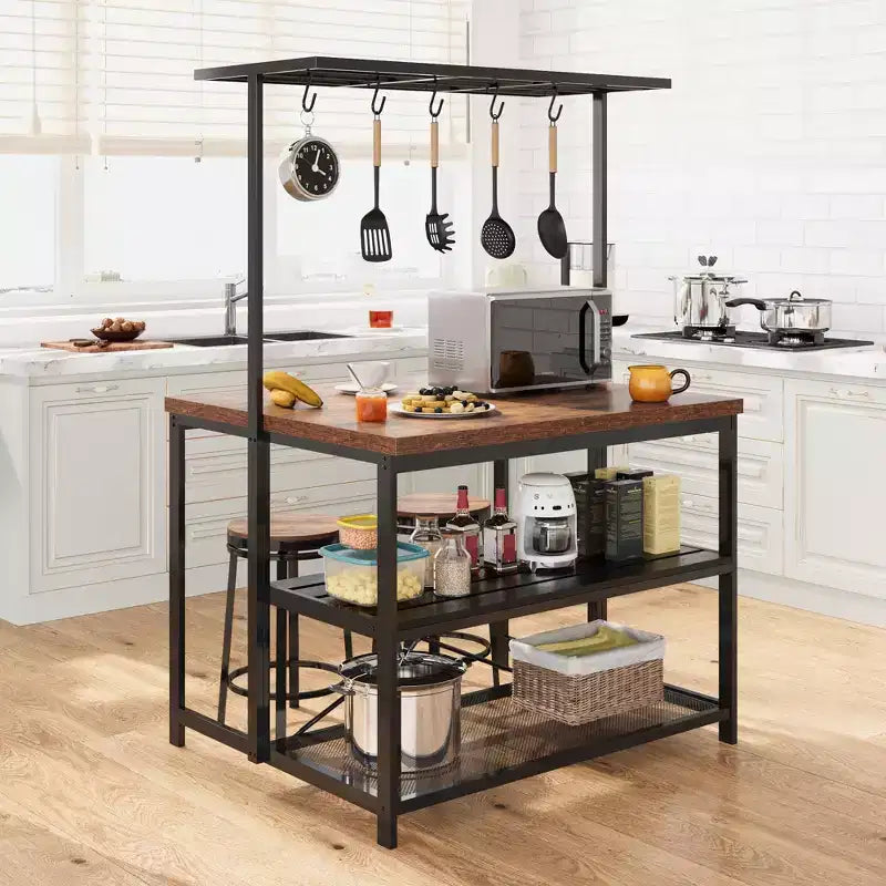 Isla de cocina, mesa de isla de cocina de 3 niveles, estante para microondas estilo rústico con almacenamiento, estante para panadero con estructura metálica para comedor