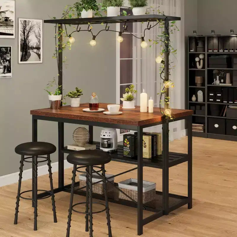 Isla de cocina, mesa de isla de cocina de 3 niveles, estante para microondas estilo rústico con almacenamiento, estante para panadero con estructura metálica para comedor