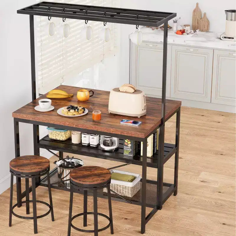 Isla de cocina, mesa de isla de cocina de 3 niveles, estante para microondas estilo rústico con almacenamiento, estante para panadero con estructura metálica para comedor