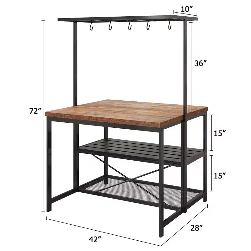 Isla de cocina, mesa de isla de cocina de 3 niveles, estante para microondas estilo rústico con almacenamiento, estante para panadero con estructura metálica para comedor