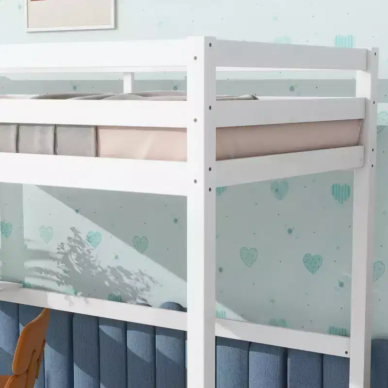 Cama alta individual, cama alta de madera de caucho con barandilla de seguridad, escritorio integrado, blanca