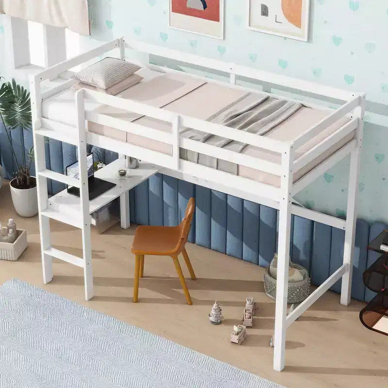 Cama alta individual, cama alta de madera de caucho con barandilla de seguridad, escritorio integrado, blanca