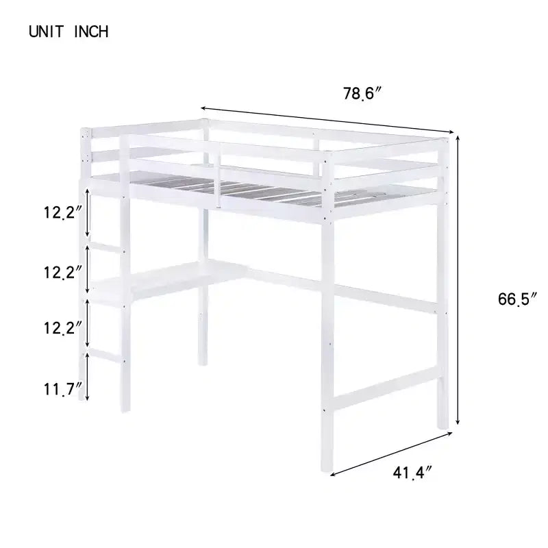 Cama alta individual, cama alta de madera de caucho con barandilla de seguridad, escritorio integrado, blanca