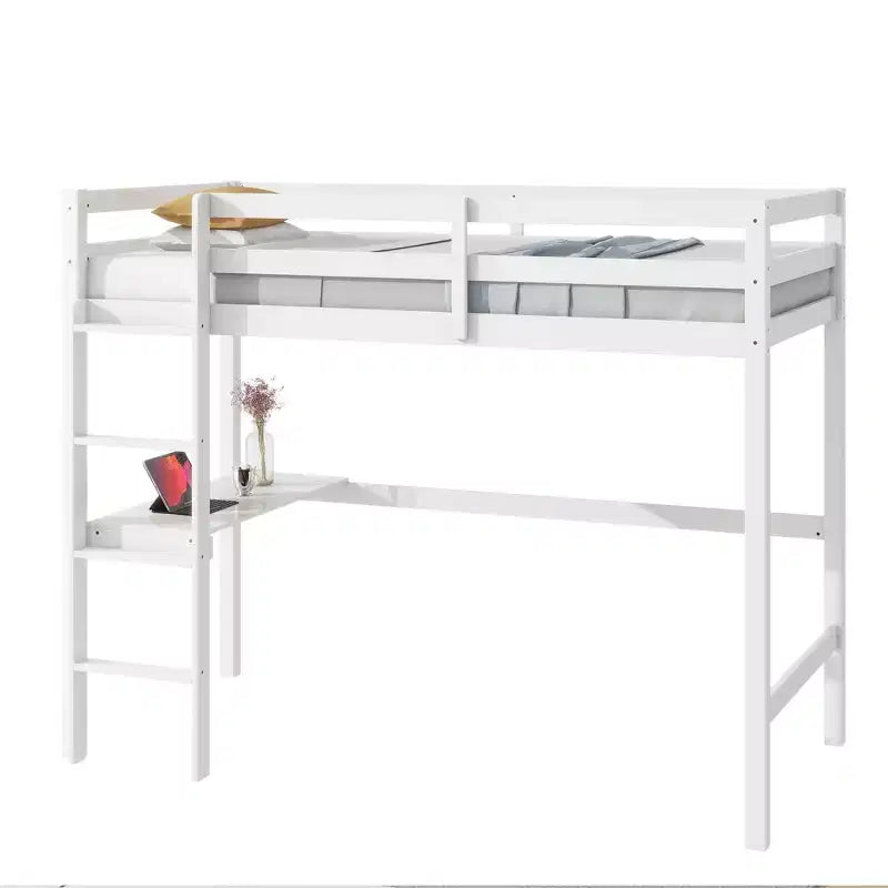 Cama alta individual, cama alta de madera de caucho con barandilla de seguridad, escritorio integrado, blanca