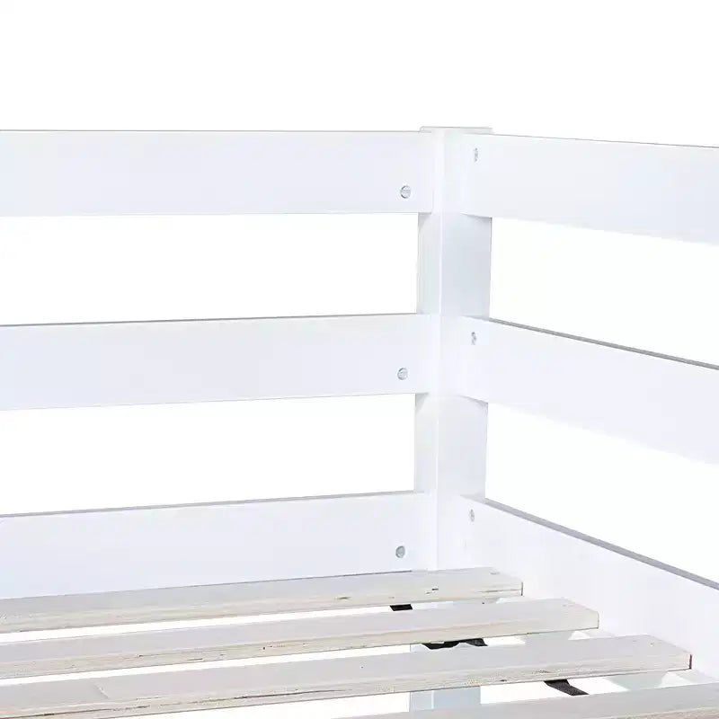 Cama alta individual, cama alta de madera de caucho con barandilla de seguridad, escritorio integrado, blanca
