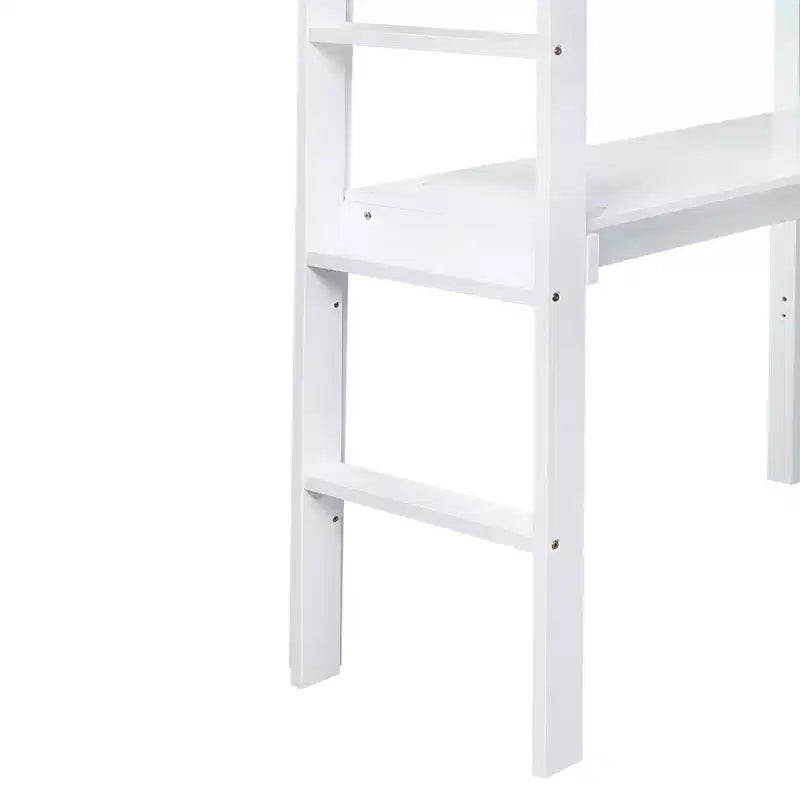 Cama alta individual, cama alta de madera de caucho con barandilla de seguridad, escritorio integrado, blanca