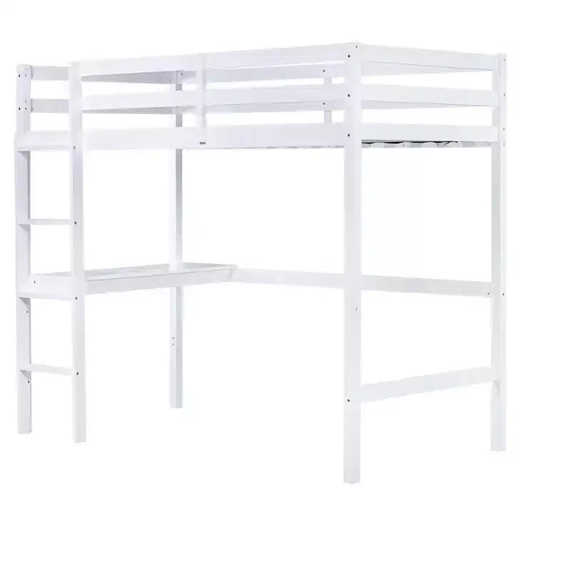 Cama alta individual, cama alta de madera de caucho con barandilla de seguridad, escritorio integrado, blanca