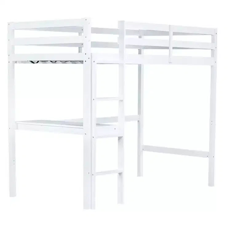 Cama alta individual, cama alta de madera de caucho con barandilla de seguridad, escritorio integrado, blanca