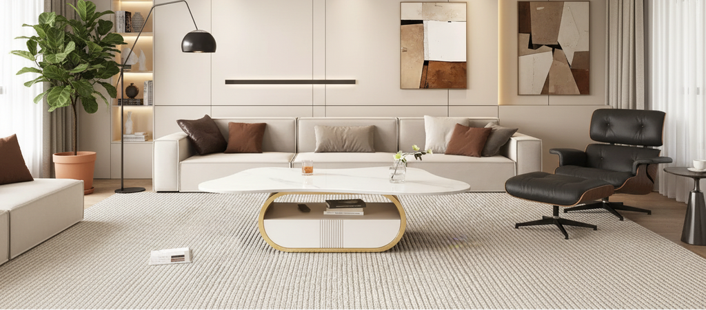 GDFStudio Spencer 41.7 Steel and Wood Pedestal Coffee Table with Sintered Stone Top