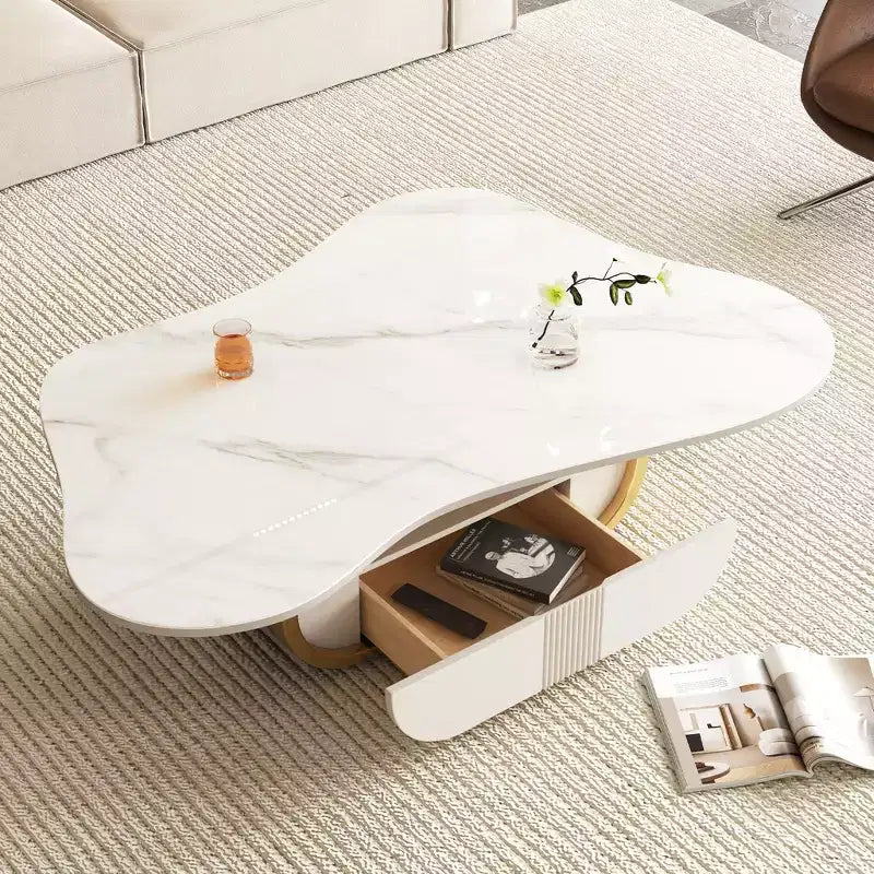 Mesa de centro con pedestal de acero y madera de 105,9 cm y tapa de piedra sinterizada