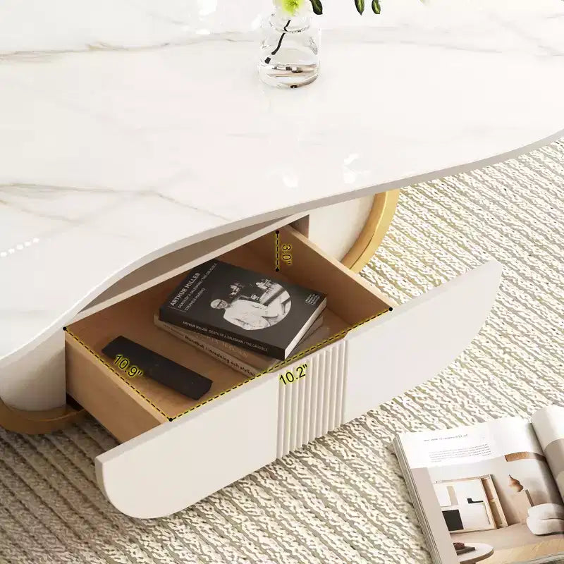 Mesa de centro con pedestal de acero y madera de 105,9 cm y tapa de piedra sinterizada
